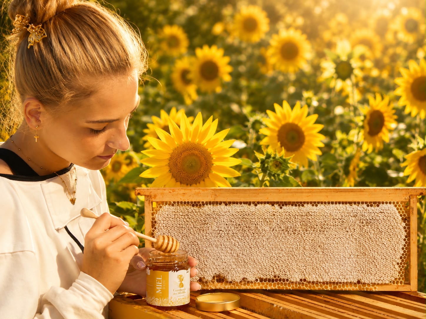 Amandine récoltant le miel au milieu des tournesols