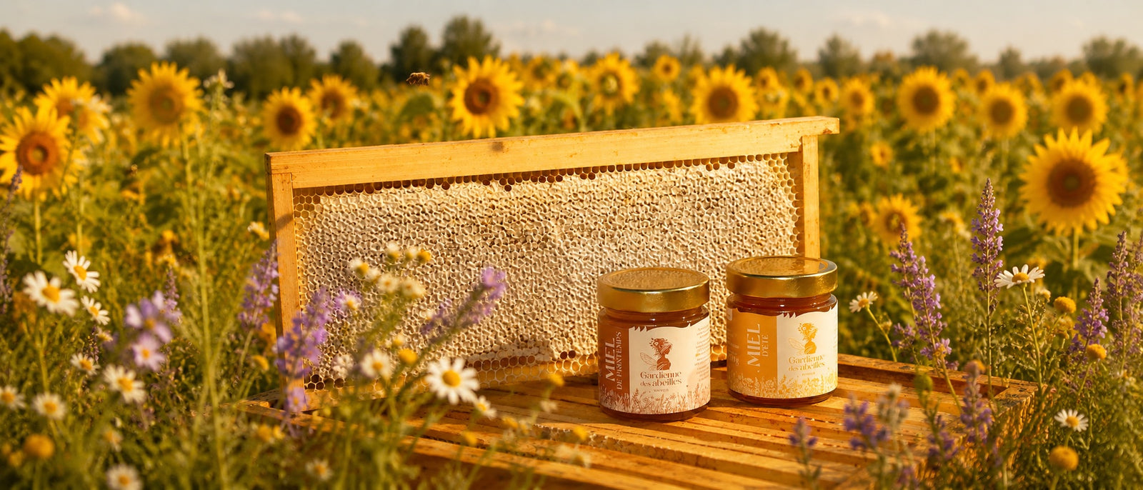 Cadre de miel operculé et pots de miel Gardienne des Abeilles